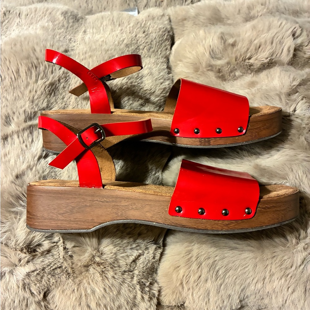 Zara Red Leather Sandals with Wooden Sole
